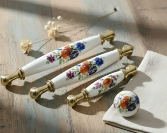 Luxury Handmade Porcelain Knobs  Antique Gold Pulls, 96-160mm, Premium Kitchen & Cabinet Hardware, Elegant Design