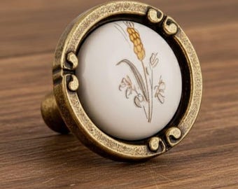 Vintage Porcelain Cabinet Knob, Rustic Wheat Design Drawer Pull, Farmhouse Style Kitchen Hardware, Unique Home Decor Accent