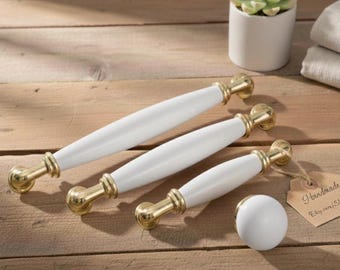 Handmade Porcelain Knobs & Pulls, 96-128-160cm Antique Gold Cabinet Handles, Premium Furniture Hardware,1.25-3.75-5-6.3" Kitchen Accessories