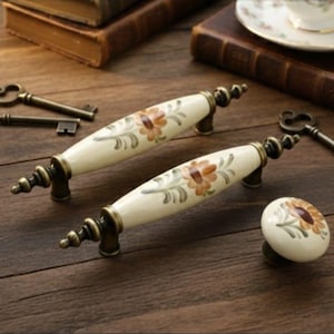 Vintage Floral Ceramic Drawer Pulls, Porcelain Cabinet Handles, Rustic Kitchen Cupboard Knobs, Antique Furniture Hardware