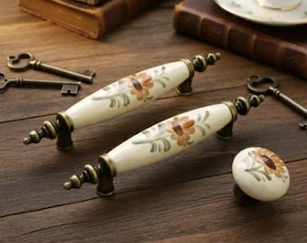 Vintage Floral Ceramic Drawer Pulls, Porcelain Cabinet Handles, Rustic Kitchen Cupboard Knobs, Antique Furniture Hardware