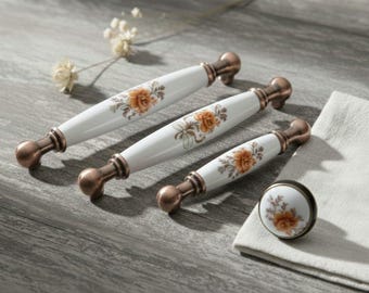 Handmade Porcelain Knobs & Antique Gold Cabinet Pulls, 96-160mm, Premium Kitchen Hardware, Elegant Furniture Accessories for Home