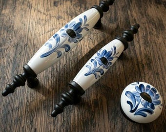 Vintage Floral Ceramic Drawer Pulls, Porcelain Cabinet Handles, Rustic Kitchen Cupboard Knobs, Antique Furniture Hardware