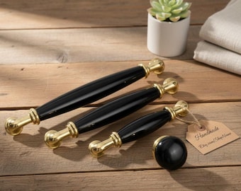 Handmade Porcelain Black Knobs & Antique Gold Cabinet Pulls - Premium Kitchen Hardware, 96-160mm, Elegant Furniture Accessories