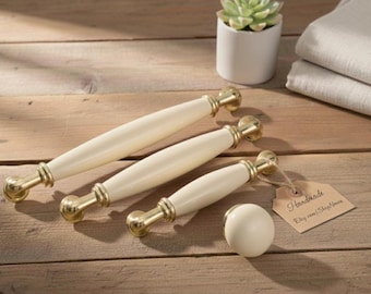 Elegant Handmade Porcelain Cabinet Pulls - Antique Gold Kitchen Knobs, Premium Furniture Hardware, 96-160mm, Unique Home Decor