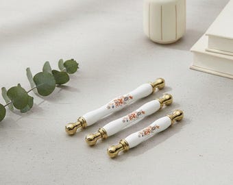 Elegant Handmade Porcelain Cabinet Knobs  Antique Gold Pulls, 96-160mm, Premium Furniture & Kitchen Hardware