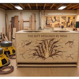 May include: A wooden speaker box with two circular openings, featuring a detailed engraved design of a canyon and the text "THE RIFT DESIGNED BY NINO." Two yellow and silver speakers with brown wiring are in front of the box. The workshop background includes tools.