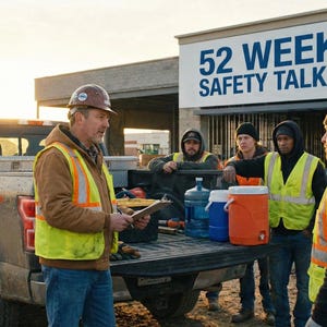 以下が含まれることがあります： 安全ベストとヘルメットを着用した建設作業員が会議のために集まっています。「52 Week Safety Talks」と書かれた看板。ピックアップトラックの荷台には水筒やクーラーボックスがあります。建設現場での安全説明会を示唆するシーンです。