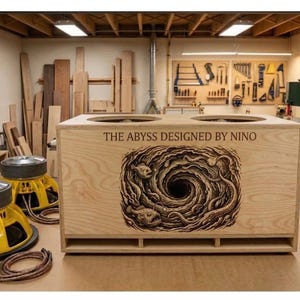 May include: A wooden speaker box with two circular openings, featuring the text "THE ABYSS DESIGNED BY NINO" and a swirling graphic. Two yellow and black speakers are in front of the box. The workshop background includes tools.