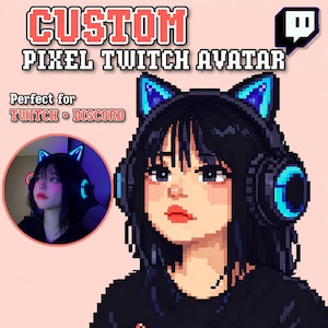 May include: A digital pixel art illustration of a person with black hair wearing cat-ear headphones with glowing blue accents. The image includes the text CUSTOM PIXEL TWITCH AVATAR and Perfect for TWITCH DISCORD, alongside a circular inset photo.