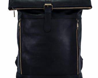 Handmade Full Grain Leather Roll Top Backpack, Laptop Rucksack