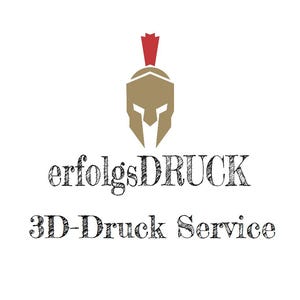 Puede incluir: Un logotipo que presenta un icono de casco espartano de color tostado con una cresta roja en la parte superior. Debajo del icono, el texto dice "erfolgsDRUCK" en una fuente esbozada, seguido del texto "3D-Druck Service" en el mismo estilo.