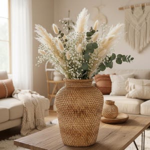 Rustieke handgemaakte rotanvaas voor gedroogde bloemen, handgeweven vaas voor pampa's, decoratieve vaas, boho neutraal huisdecor, geweven vaasmiddelpunt