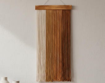 Boho Yarn Wall Hanging Decor with Wooden Rod Neutral Macrame Wall Art for Living Room Handwoven Yarn Wall Hanging Scandinavian Boho Decor