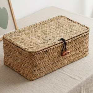 Rectangular Woven Rattan Storage Box with Lid Boho Organizer for Home & Office Handwoven Box Natural Wicker Storage Organizer for Home Decor