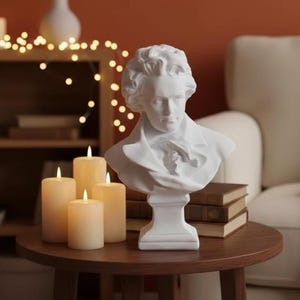 Classical Beethoven Bust Sculpture White Resin Composer Statue Elegant Home Decor Art Piece Desk Ornament White Figurine Classical Decor