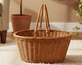 Natural Wicker Carry Basket Handmade Decorative Basket with Handles for Storage, Display, Market Shopping, Home Styling Market & Picnic Use
