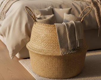 Grand panier tressé à la main avec poignées, panier de rangement bohème pour la maison, grande corbeille tissée à la main, panier de rangement naturel, décoration rustique