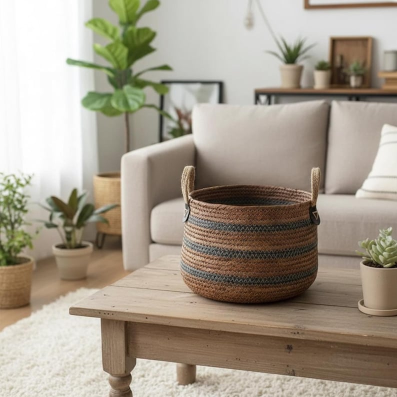May include: A round woven basket with a brown and gray striped pattern. The basket has two rope handles and is sitting on a wooden coffee table. The basket is a decorative storage container.