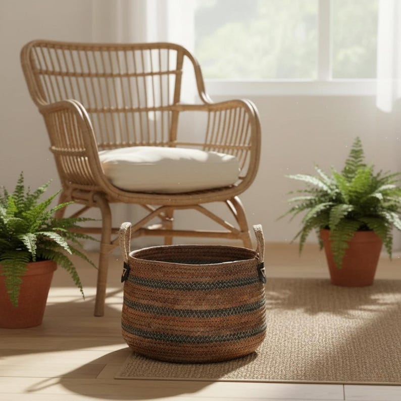 May include: A round woven basket with two handles, featuring horizontal stripes in shades of brown and blue. The basket sits on a woven rug, with a wicker chair and potted fern in the background. The chair has a cream-colored cushion.