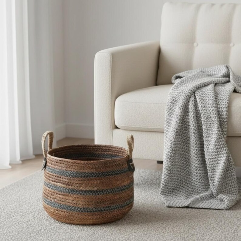 Rattan Laundry Basket with Handles, Straw Basket for Living Room, Toy Storage, Blankets & Plants, Large Storage Basket, Hamper Basket image 5