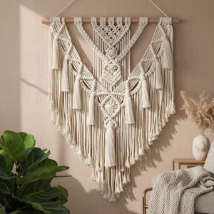May include: Cream-colored macrame wall hanging with a geometric design. The textile art piece features intricate knotting, tassels, and a wooden dowel for hanging. This bohemian-style decor adds texture and visual interest to any space.