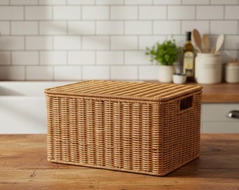 Woven Rattan Storage Basket with Lid, Neutral Boho Organizer Basket for Bedroom Living Room Decor Home Styling Shelf & Toy Storage Basket