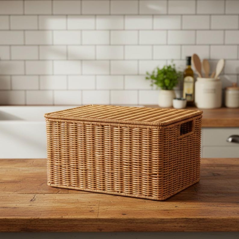 Woven Rattan Storage Basket With Lid, Neutral Boho Organizer Basket for ...
