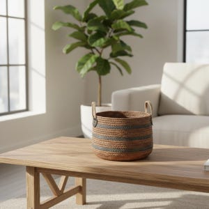 May include: A round, woven basket with a brown and gray striped pattern. The basket has two rope handles and is sitting on a wooden coffee table. A houseplant in a white pot is in the background.