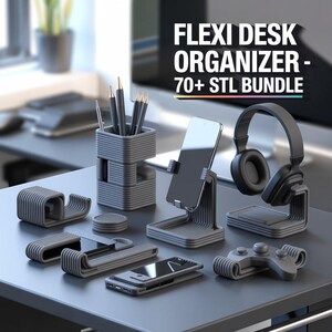 Puede incluir: Una colecci&oacute;n de organizadores de escritorio grises impresos en 3D, que incluyen un portal&aacute;pices, soportes para tel&eacute;fonos, un soporte para auriculares y un soporte para mandos de juegos. El texto "FLEXI DESK ORGANIZER - 70+ STL BUNDLE" se muestra en blanco.