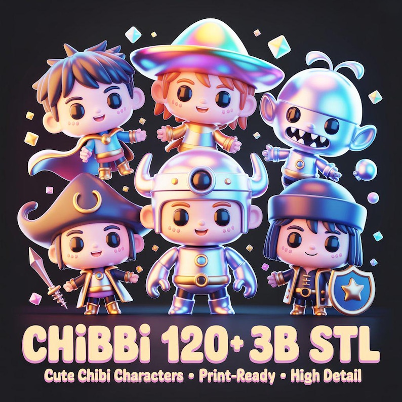 May include: A collection of seven chibi characters in various costumes, including a pirate, a viking, and a superhero. The characters are rendered in a glossy, metallic style with vibrant colors. Text at the bottom reads "CHIBBI 120+3B STL" and "Cute Chibi Characters &bull; Print-Ready &bull; High Detail."