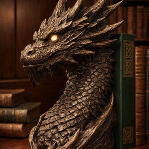 May include: A bronze-colored dragon head bookend with glowing yellow eyes. The dragon's detailed scales and sharp features are visible. A green book with gold Celtic knot designs is propped up by the bookend. Other books are in the background.