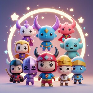 May include: A collection of nine cartoon figures with various horn and helmet designs. Each figure has a unique color scheme, including blue, red, purple, and yellow. They are arranged in front of a glowing circular light with star accents.