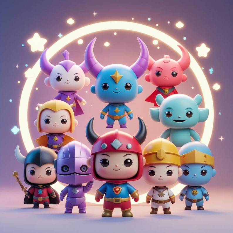 May include: A collection of nine cartoon figures with various horn and helmet designs. Each figure has a unique color scheme, including blue, red, purple, and yellow. They are arranged in front of a glowing circular light with star accents.