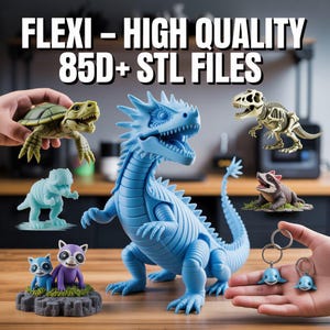 May include: A collection of 3D-printed figurines, including a blue dragon, a turtle, a dinosaur skeleton, and raccoons. The image also features two dolphin keychains. Text on the image reads: FLEXI - HIGH QUALITY 85D+ STL FILES.