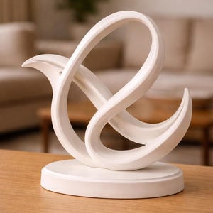 May include: A white abstract sculpture with a flowing, intertwined design. The sculpture sits on a round base and features smooth, curved lines. The piece is made of a solid, opaque material and is a decorative home accent.