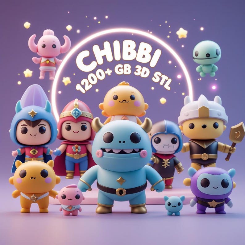 May include: A collection of colorful Chibbi 3D STL figures, including a blue monster, a yellow figure with a star, and a purple figure with large eyes. The image includes the text "CHIBBI 1200+ GB 3D STL" in a circular design.
