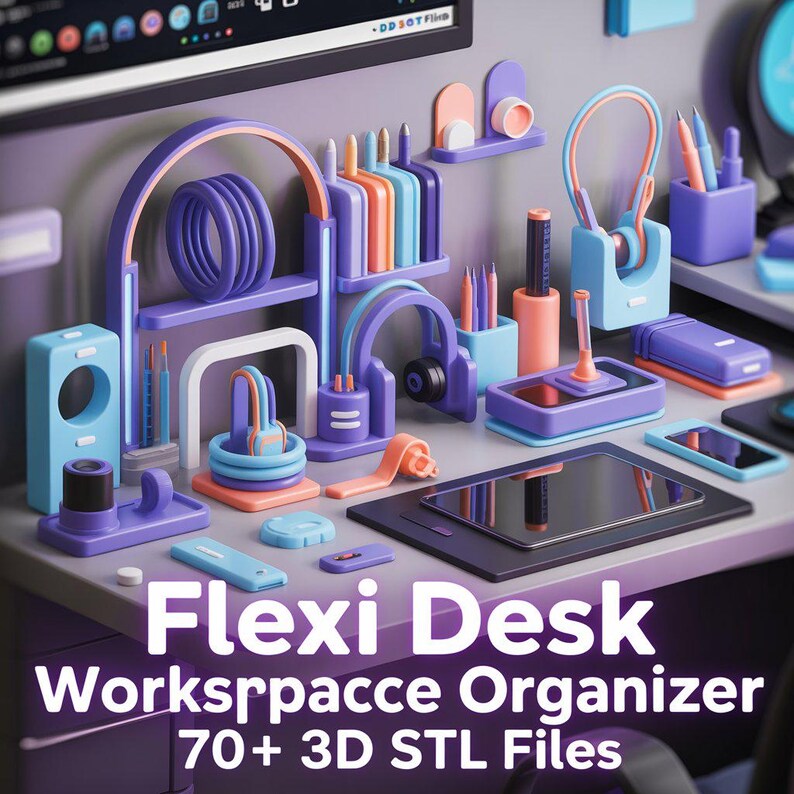 Puede incluir: Una colecci&oacute;n de organizadores de escritorio impresos en 3D en colores pastel, que incluyen portal&aacute;pices, soportes para auriculares y una tableta. El texto "Flexi Desk Workspace Organizer" se muestra en la parte inferior de la imagen.