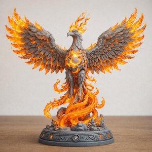 Könnte beinhalten: Detaillierte Statue eines Phönix mit ausgebreiteten Flügeln, in Grau- und Orangetönen gehalten. Der Vogel ist mit feurigen Details dargestellt, darunter Flammen um seinen Körper und seine Flügel. Die Statue steht auf einem dekorativen Sockel.