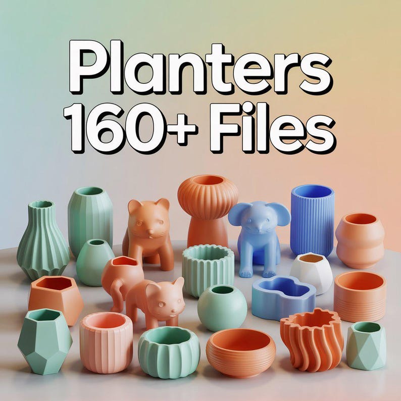 May include: A collection of colorful planters in various shapes and sizes, including animal figures and geometric designs. The planters are in shades of blue, orange, and green. Text on the image reads "Planters 160+ Files."