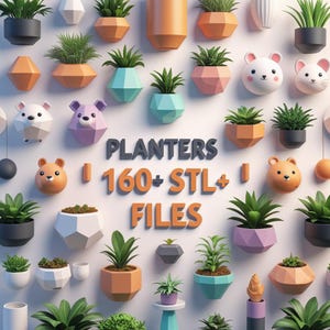May include: A collection of various geometric planters in shades of orange, pink, teal, and gray, some shaped like animals. The image includes the text "PLANTERS 160+ STL FILES."