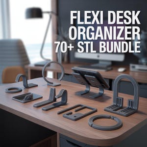 Puede incluir: Una colecci&oacute;n de organizadores de escritorio de color gris oscuro, que incluyen soportes para tabletas, portal&aacute;pices y organizadores de cables, se muestra en un escritorio de madera. El texto "FLEXI DESK ORGANIZER 70+ STL BUNDLE" se muestra en blanco en el fondo.