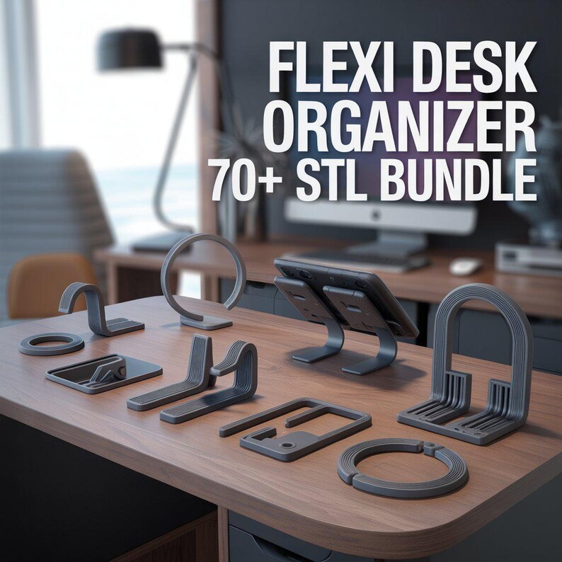 Puede incluir: Una colecci&oacute;n de organizadores de escritorio de color gris oscuro, que incluyen soportes para tabletas, portal&aacute;pices y organizadores de cables, se muestra en un escritorio de madera. El texto "FLEXI DESK ORGANIZER 70+ STL BUNDLE" se muestra en blanco en el fondo.
