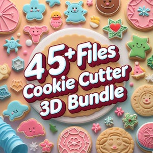 May include: A collection of colorful, decorated cookies in various shapes, including stars, clouds, and geometric designs. The image features the text "45+ Files Cookie Cutter 3D Bundle" in a bold, stylized font, suggesting a digital product.