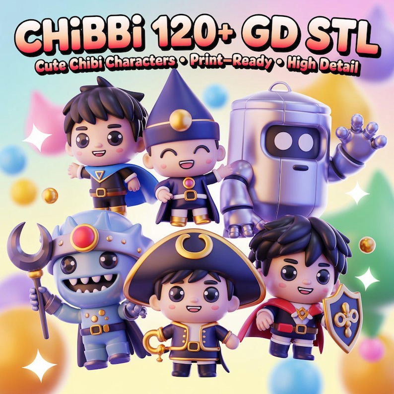 May include: A collection of six chibi character figurines. The figurines include a robot, a pirate, a knight, and other fantasy characters. The image has text that reads "CHIBBI 120+ GD STL" and "Cute Chibi Characters &bull; Print-Ready &bull; High Detail."