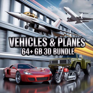 May include: A digital illustration showcasing a collection of vehicles and planes. The image features a red sports car, a green pickup truck, and a red motorcycle. Above, a silver jet and a white passenger plane are depicted. The text "VEHICLES & PLANES 64+ GB 3D BUNDLE" is displayed.