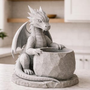 May include: A gray dragon sculpture with a textured finish. The dragon has detailed wings, scales, and a spiky crest. It is holding a round, stone-like container, suitable for a planter or decorative item. The sculpture sits on a round base.