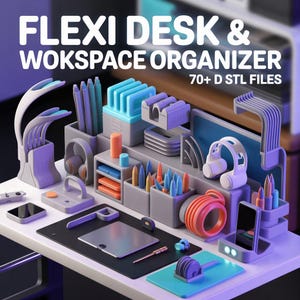 Puede incluir: Un organizador de espacio de trabajo renderizado en 3D con el texto "FLEXI DESK & WOKSPACE ORGANIZER" y "70+ D STL FILES". El organizador es gris con detalles en azul, naranja y morado, que contiene bol&iacute;grafos, l&aacute;pices y otros &uacute;tiles de oficina. Tambi&eacute;n se ven una tableta y un tel&eacute;fono.