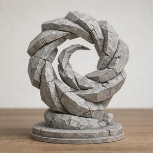 May include: A gray stone sculpture of a circular, intertwined design. The sculpture is made of rough-hewn stone blocks, creating a textured appearance. It sits on a circular base, suggesting a decorative or artistic piece.
