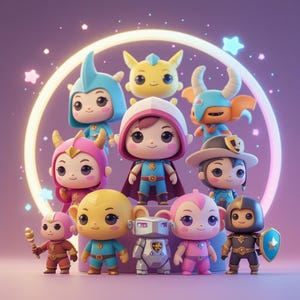 May include: A collection of eleven cartoon-style figures with large eyes and various costumes. The figures are in a variety of colors, including blue, yellow, pink, and brown. Some figures have helmets, capes, or hats. The background is a gradient of purple with a glowing circle.